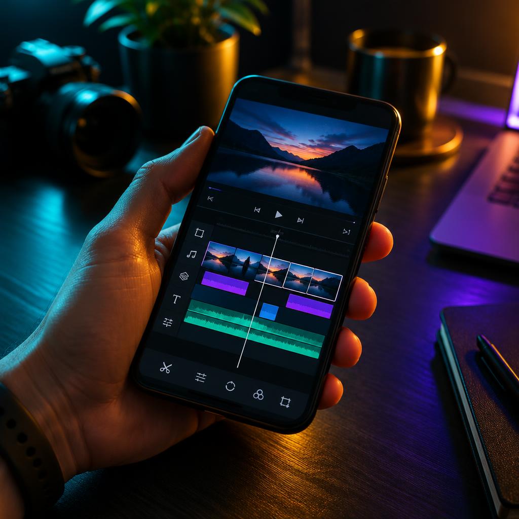 Hand holding a smartphone with a video editing timeline open